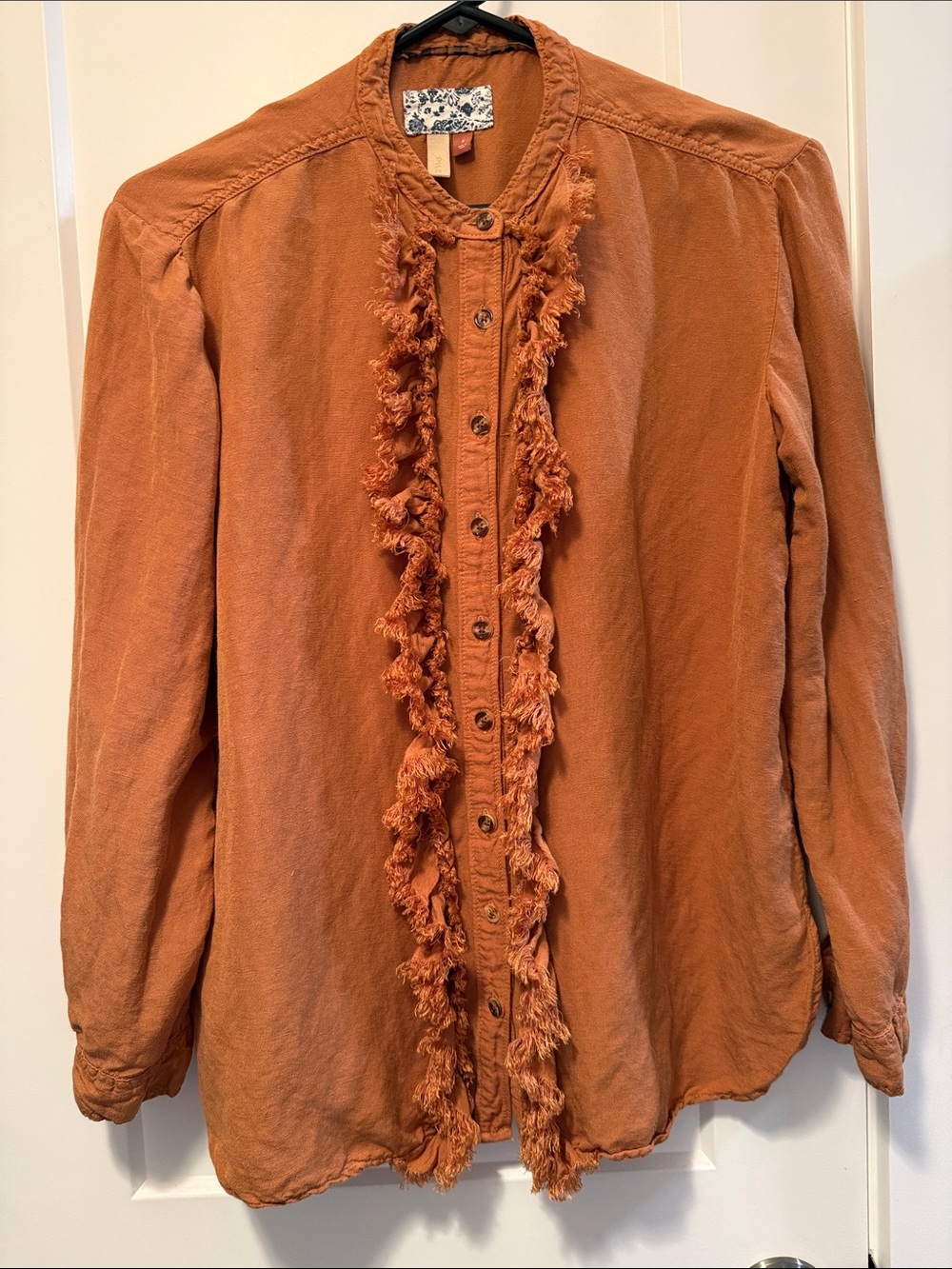 Pilcro for Anthropology Women's Burnt Orange Frayed-Trim Button Down Shirt size